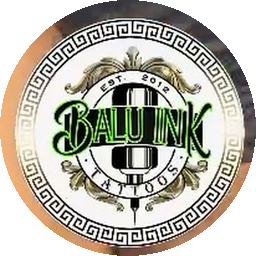 The Balu Ink Tattoos badge: Balu Ink Tattoos, est. 2012, ringed with a Greek-key band